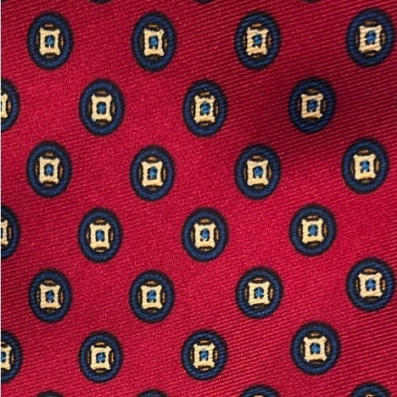 Delvechio Imported Fabric Red Blue Yellow Geometric Print Silk Neck Tie - Picture 12 of 16